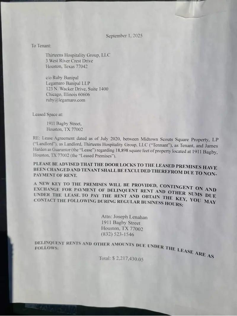 美媒：哈登在休斯顿的餐厅因拖欠220万美元租金而停业